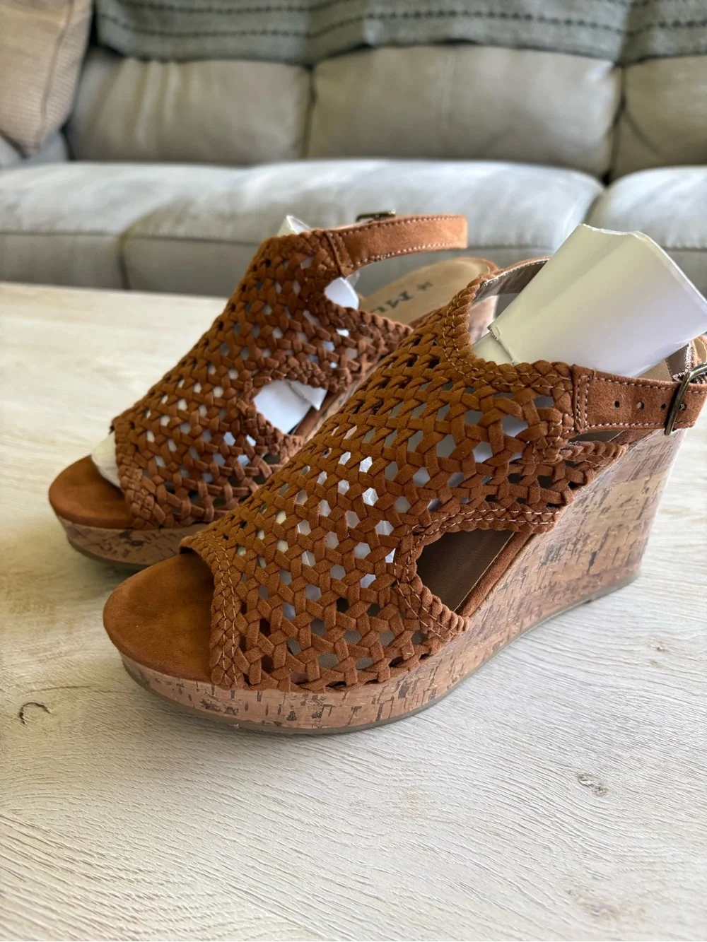 Mudd Cognac Woven Boho Cork Wedge Sandals Size 8M Ankle Strap Platform